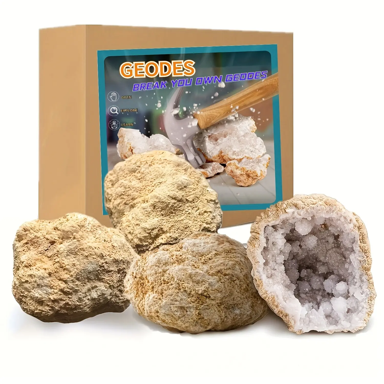 1pc/3/4/5/6pcs (1.2-2")Natural Quartz Geode for Teaching and Collection - Unopened, Authentic Crystal Formation for Science Education and Home Decor, Premium Break Your Own Geodes, Crack Open & Discover Amazing Surprise Crystals Inside! DIY