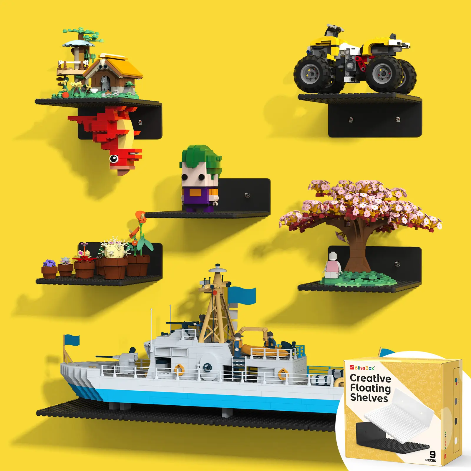 BlissBox 12-Pack Floating Shelves for Wall Compatible with Lego Building Bricks, 5x5.5inch Dual‑Sided 16x17 Studs for Minifigures Toy Brick Storage and Display, ABS Display Shelves for Room Decor, Black Wall Mounted Organizer Wall Mountable