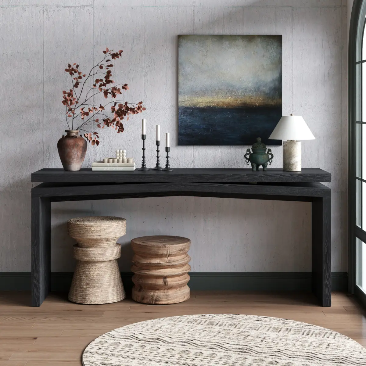 65-Inch Rustic Solid Wood Veneer Rectangle Console Table - Farmhouse Furniture with Natural Grain Split Sled Distinctive Base, 30.7 Inches Height, High Load Capacity, Small Room Ideas for Entryways, Behind Sofas, Space Saving Furniture