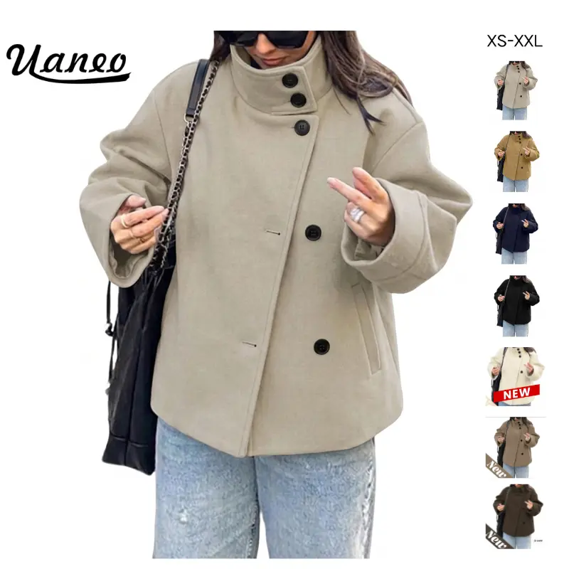UANEO Women Oversized Stand Collar Short Wool Blend Crop Pea Coat, Fall Winter Loose Double Button Casual Short Jacket With Pockets, Womens Outerwear