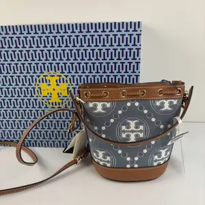 Pre-owned Tory Burch T Monogram Denim Mini Bucket Bag