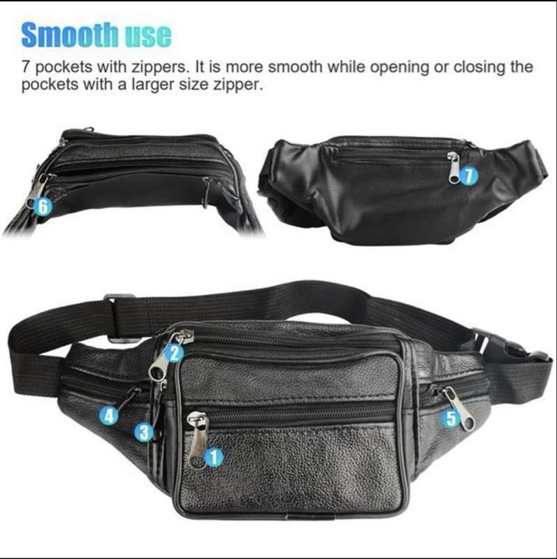 Black Genuine Leather Fanny Pack - Stylish Waist Bag with 3 Compartments & 5 Front Pockets - Ideal for Travelers & Daily Use - Hands-Free Crossbody Purse