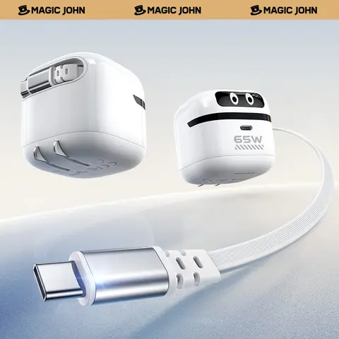 MAGIC JOHN GaN Travel Charger Block - 65W Power Adapter Chargers, Dual-Port Output, Retractable Type-C Cable, Safer Charging, Portable for iPhone & Android, International Travel Compatible