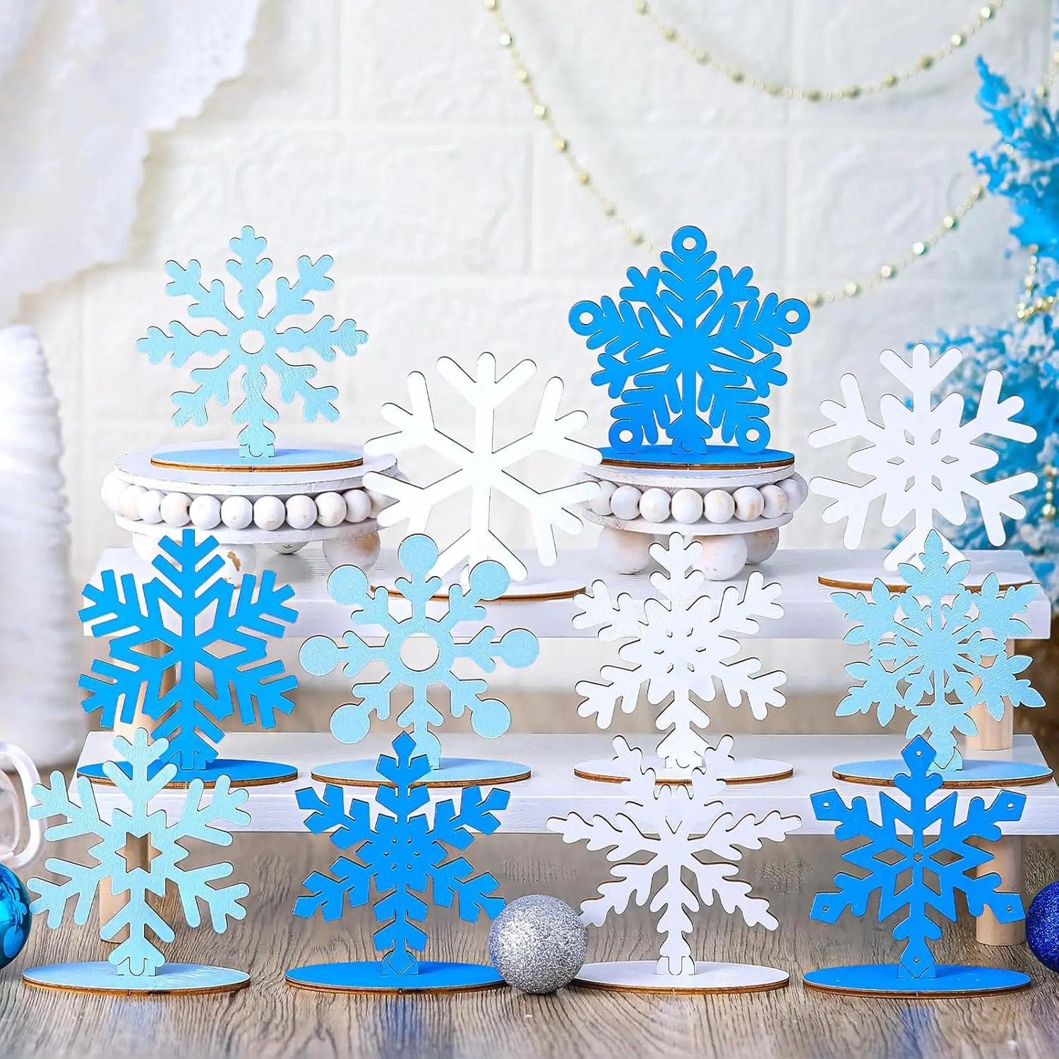 12 Pieces Winter Wooden Snowflake Table Decoration, and Centerpieces for Home and Party Decor, Charming Seasonal Accents