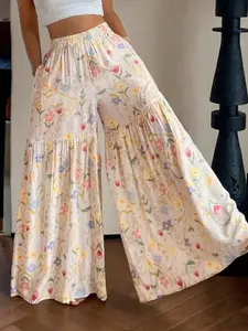 Women's Floral Wide Leg Pants, Boho Loose Fit Flowy Long Trousers, Fashion Pockets, Spring & Fall Vacation Wear, Casual Style