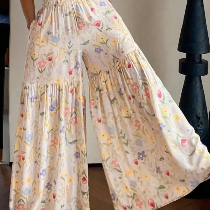 Women's Chic Boho Floral Wide Leg Pants, Fashion Loose Fit Elastic Flowy Long Trousers with Pockets, Spring & Fall Vacation Wear, Casual Style, Beach Palazzo Pants