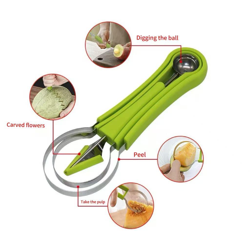3-in-1 Stainless Steel Vegetable Fruit Cutter Set - Multifunctional Kitchen Utensil with Auto-Spinning Slicer, Melon Baller Scoop, Watermelon Cutter, Seed Remover for Fruit Salad, Party Prep,home essentials