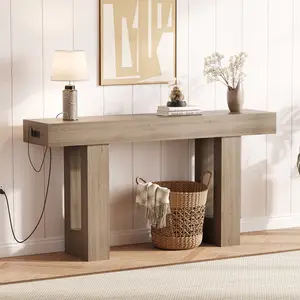 63 in Farmhouse Console Table with Power Outlet for Entryway, Slim Sofa Table Behind Couch, Narrow Wooden Entry Furniture for Hallway Foyer Living Room