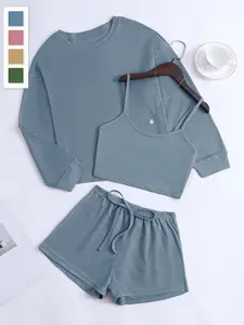 Women's Casual Waffle Knit Set, Summer & Spring Loose Fit, Plain Vintage Texture Top + Drawstring Shorts Home Wear
