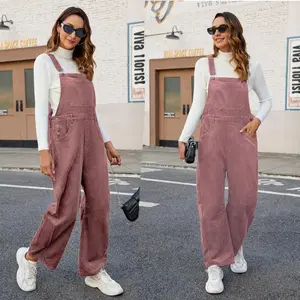 Corduroy Overalls for Women Barrel Wide Leg Bib Corduroy Pants Women Adjustable Romper Jumpsuit with Pockets