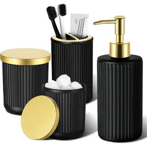 Matte Black and Gold Bathroom Accessories Set, 4-Piece Glass Bathroom Accessories Set Complete, Textured Soap Dispenser and Toothbrush Holder Set, with 2 Cotton Swab Holders, Modern Gold Bathroom Decor