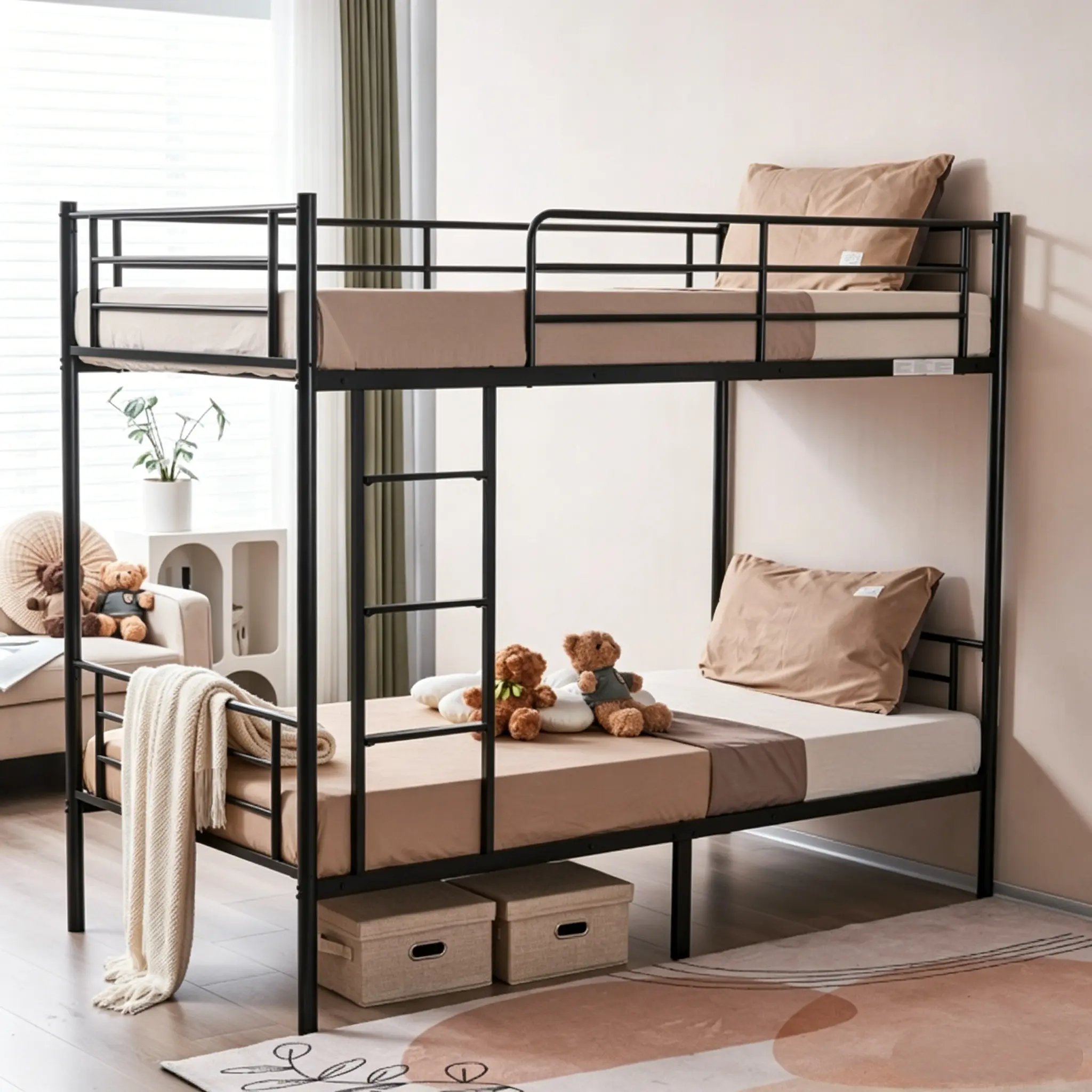 Twin Size Black Metal Bunk Bed Frame with Ladder, Modern Iron Twin over Twin Bedframe, Underbed Storage, Guard Rail Safety Bedroom Furniture Loft Bed Dorm Bed Cubbies