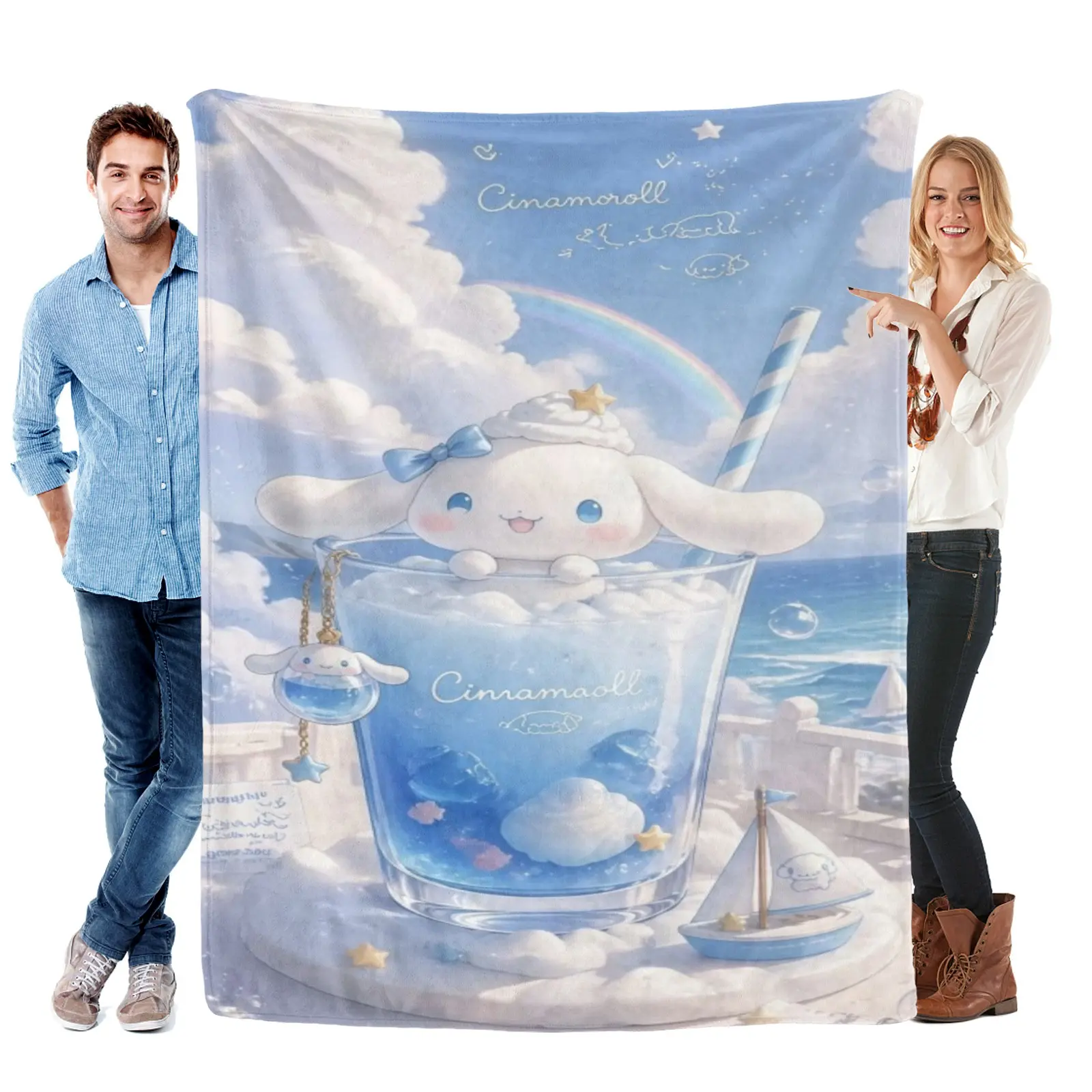 Sanrio Starry Drink Cup Cinnamoroll Blanket, Skin-Friendly Flannel Anime Blanket For Couch Daily Leisure Rest Use