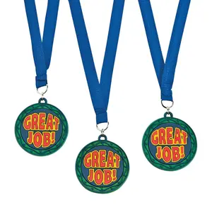 2" Great Job Multicolor Rubber Medals with Blue Ribbon - 12 Pc.