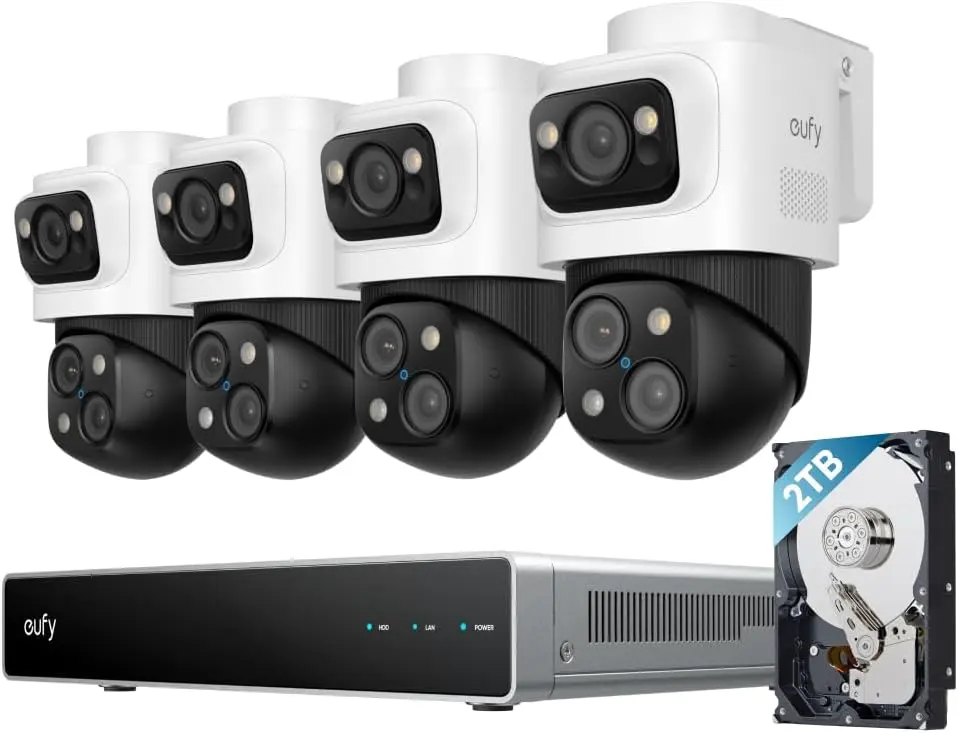 eufy PoE NVR Security Camera System S4 Max, 16 MP Triple Lens Bullet-PTZ Cam, 360° PTZ, 8× Auto Zoom, Smart Video Search, Cross-Cam Tracking, Color Night Vision, 24/7 Recording, 2TB HDD