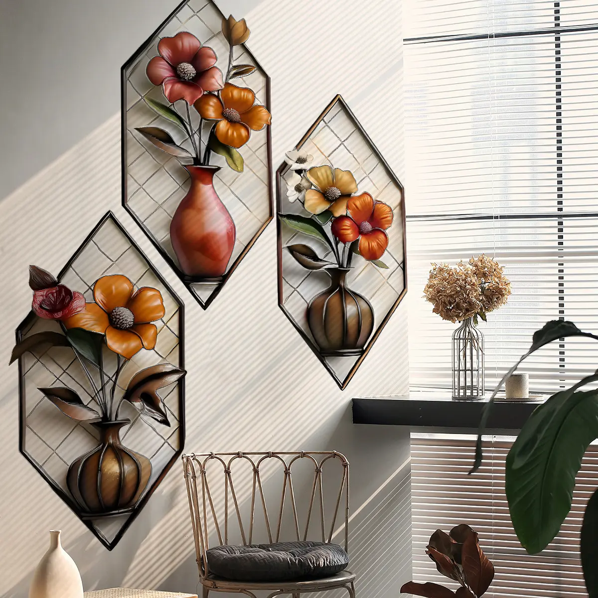 A set (30*60cm*3pcs) of 2D flat retro floral potted plant triptych flat wall stickers, home background wall art decoration wall stickers, Floral Pattern Sticker, M14204, Wall Decal, Decoration Items
