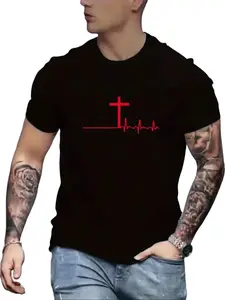 Premium Soft Cotton Unisex Christian Cross Heartbeat ECG Line Minimal Red Faith Graphic Tee
