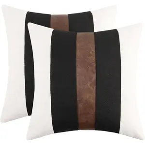 Set of 2 Faux Leather and Linen Throw Pillow Covers for , 18x18 Inch Black and White Striped Modern Farmhouse Decorative Accent Cushion Covers for Couch Sofa