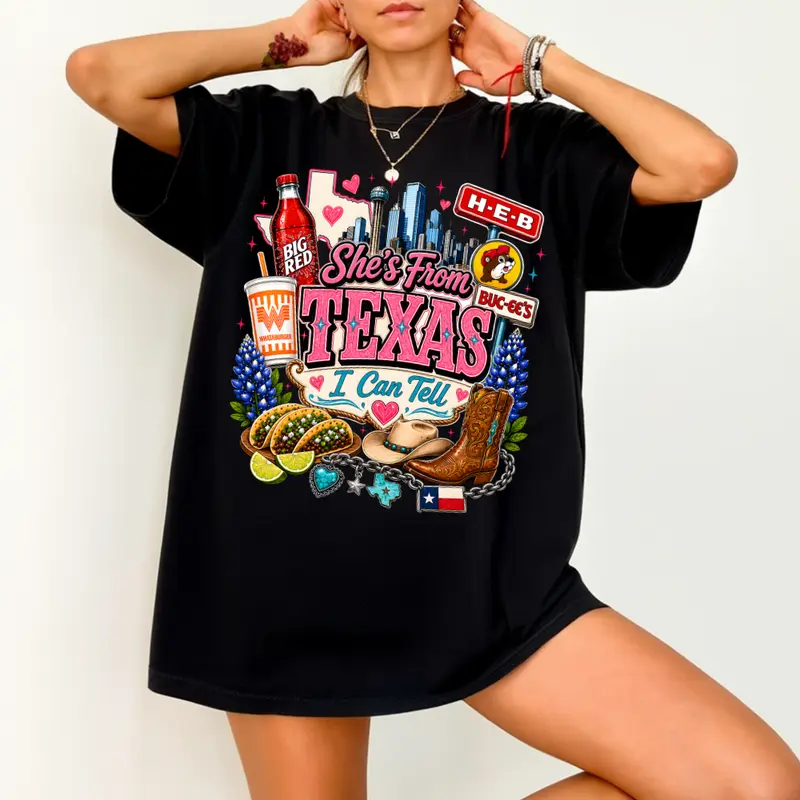 Vintage She's From Texas I Can Tell Big Red Shirt Retro Western Shir Shirt Game Day Shirt Full Colors Casual Short Sleeve Crew Neck Top texas apparel western style game day  fan gear full color print retro graphic tee Everyday Printed Womenswear