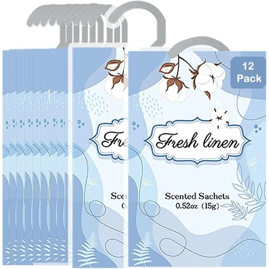 12 Packs Fresh Linen Hanging Scented Sachets for Drawers and Closets with Retractable Hook|   Long-Lasting Closet Air Freshener & Closet Deodorizer|   Closet Scent Freshener (Fresh Linen)