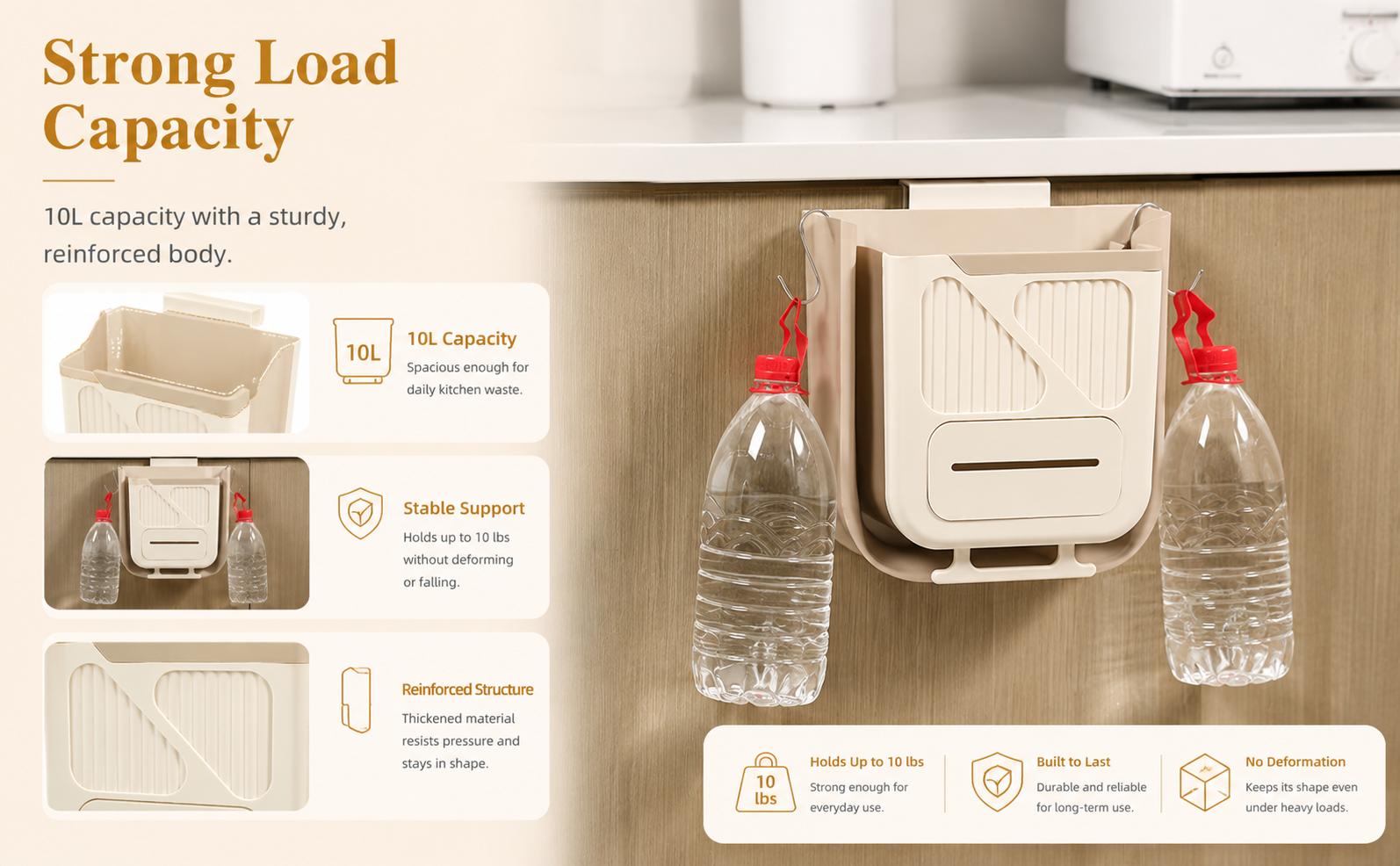 Foldable Wall-Mounted Kitchen Trash Can, Hanging Garbage Bin for Cabinets, Space-Saving Kitchen Accessory, No-Install Household Trash Can for Kitchen Large Capacity Tilt Out