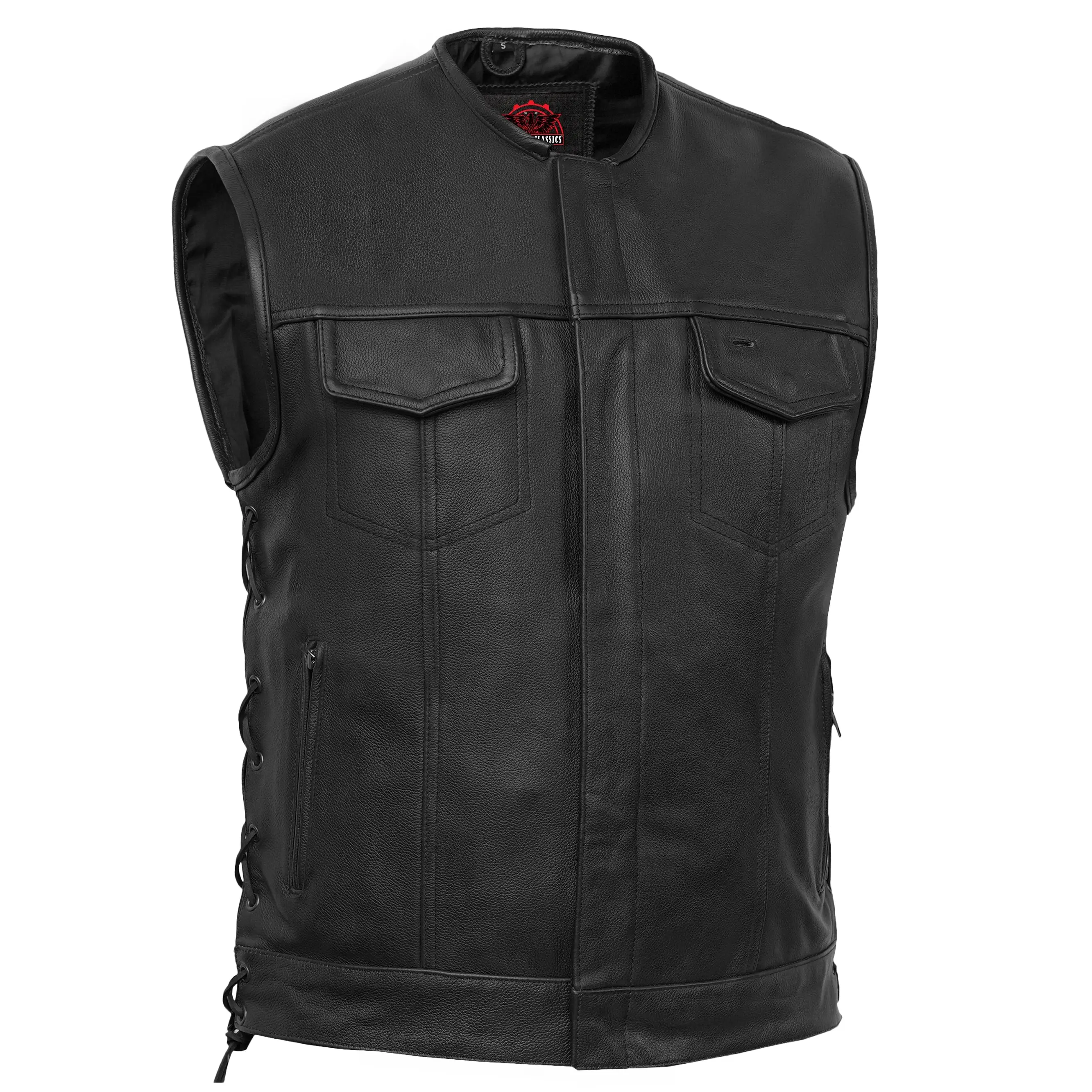 RENEGADE CLASSICS Men's Black Laced Riding Armor Motorcycle Leather Protective Vest, Laced Riding Vests