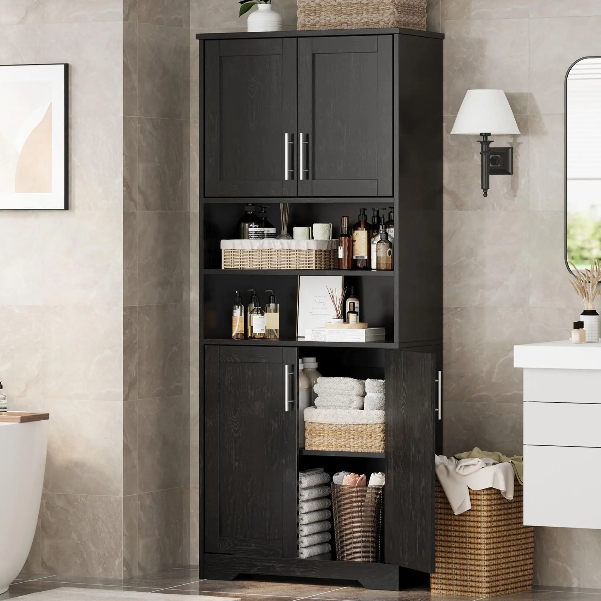 67 in H Classic Waterproof Storage Cabinet, 24.4 in W x 11.9 in D Freestanding Cupboard with Glass Doors & Adjustable Shelves for Bathroom, Laundry Room, Living Room