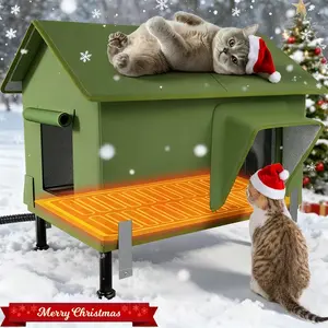 EVEREASY Indestructible Outdoor Heated Cat Shelter, Iron Frame Cat House with Escape Door, Waterproof Awning, Multi-Layer Insulation, UL-Certified Heating Pad, Raised Base for Feral Barn Cats and Kittens, Easy Setup, 100% Waterproof