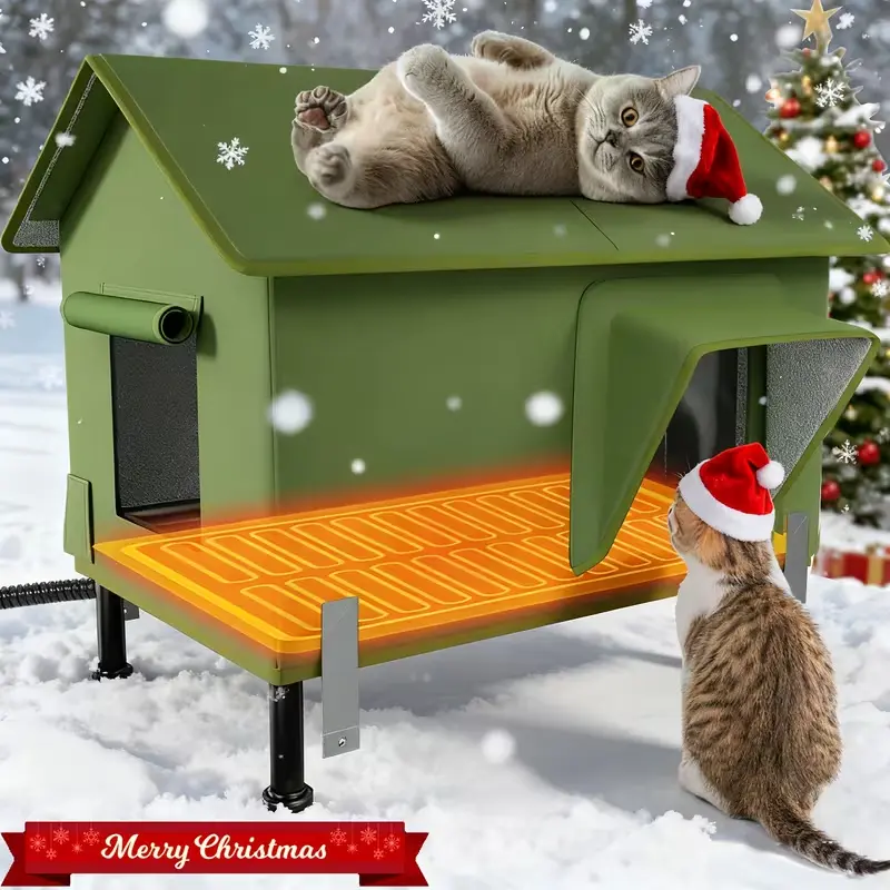 EVEREASY Indestructible Outdoor Heated Cat Shelter, Iron Frame Cat House with Escape Door, Waterproof Awning, Multi-Layer Insulation, UL-Certified Heating Pad, Raised Base for Feral Barn Cats and Kittens, Easy Setup, 100% Waterproof