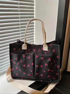 Chic Cherry Print Casual Crossbody Shoulder Bag, Multiple Pockets, Large Capacity, Adjustable Strap, Ideal for Women & Girls