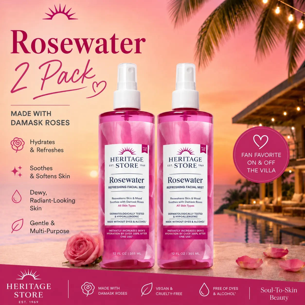 Heritage Rosewater Mist 2-Pack — Daily Skincare Refresh Routine — 60-Day Supply Heritage Rosewater Mist 2-Pack — Daily Skincare Refresh Routine — 60-Day Supply