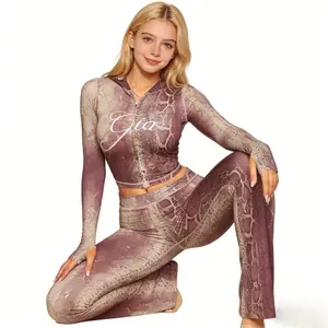 Snake Print Hooded Long Sleeve Thumb Hole Set • Micro Flare Pants 2-Piece Outfit • Ideal for Casual Parties Suit Clothes