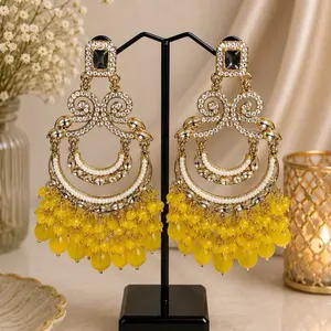 Elegant Yellow Beaded Chandelier Earrings with Rhinestone Accents and Gold Tone Details