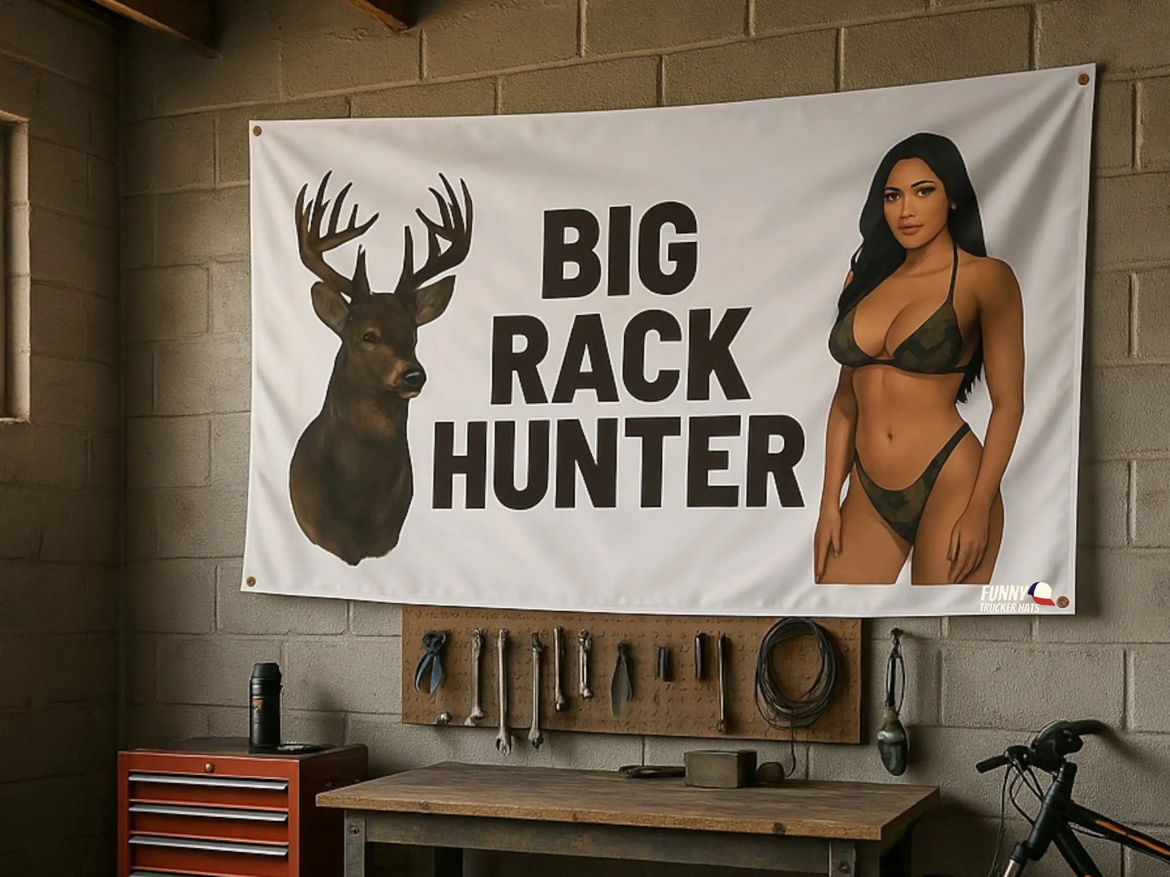 Big Rack Hunter American Flag 3x5 ft Indoor Outdoor Decor Man Cave Design Big Buck Hunting Season gift Banners Ornaments Funny Slogan Camping
