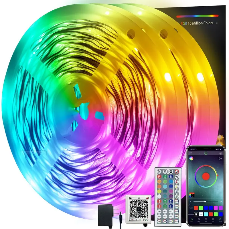 QIANGHE Color Changing RGB LED Light Strips - Music Sync, Led Dimmable, Remote & APP Controlled, Easy Install Ambient Light for Living Room Decor, Home Improvement Specialty Lighting