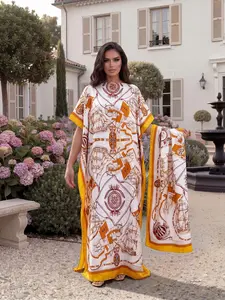 Women's Casual Fashion Nautical Print Robe Set, Long Dress with Headscarf, Beach Sun Protection Silk Scarf, Summer, Lightweight, Style