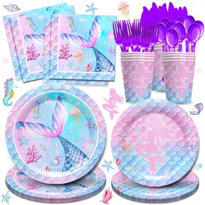 168pcs Mermaid Party Decorations, Mermaid Birthday Party Supplies For Girls, Equipped With  Mermaid Plates, Napkins, Cups, And Knives, Forks, Spoons, Suitable For Baby Shower Decorations，Serves 24