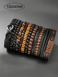 12pcs Retro Braided Faux Leather Bracelet Set with Stone Beads Wooden Bead,Multi Layered Men’s Bracelet Wristband for Casual Attire Party Jewelry Accessories 