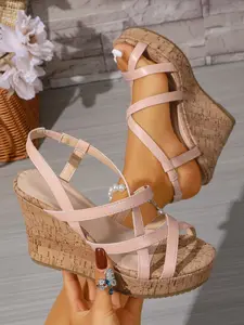 Women Cork Wedge Sandals Summer Fashion Cross Strap Ankle Strap Platform Sandals Open Toe Comfortable Lightweight Beach Vacation Casual Walking Shoes