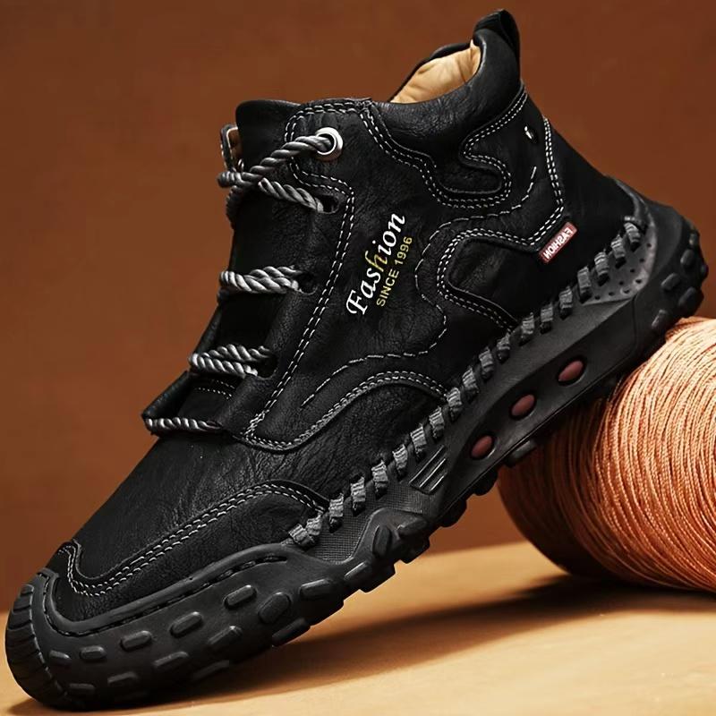 Men's Casual Sneakers, Retro Hand-Stitched High-Top Shoes, Leather Ankle Boots, Comfortable Walking Shoes with Round Toe, Flat Heel and Rubber Outsole for Outdoor Hiking, Urban Commuting, Work, Travel and Everyday Wear