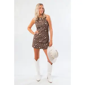 Giddy Up Brown Cowboy Print Mini Dress
