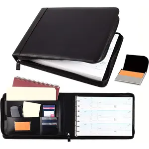 Zippered Business Checkbook Binder - 7 Ring Binder for Business Checks with Built-in Organizer and Card Case - PU Leather Portfolio for up to 600 3-Up Checks (Black)