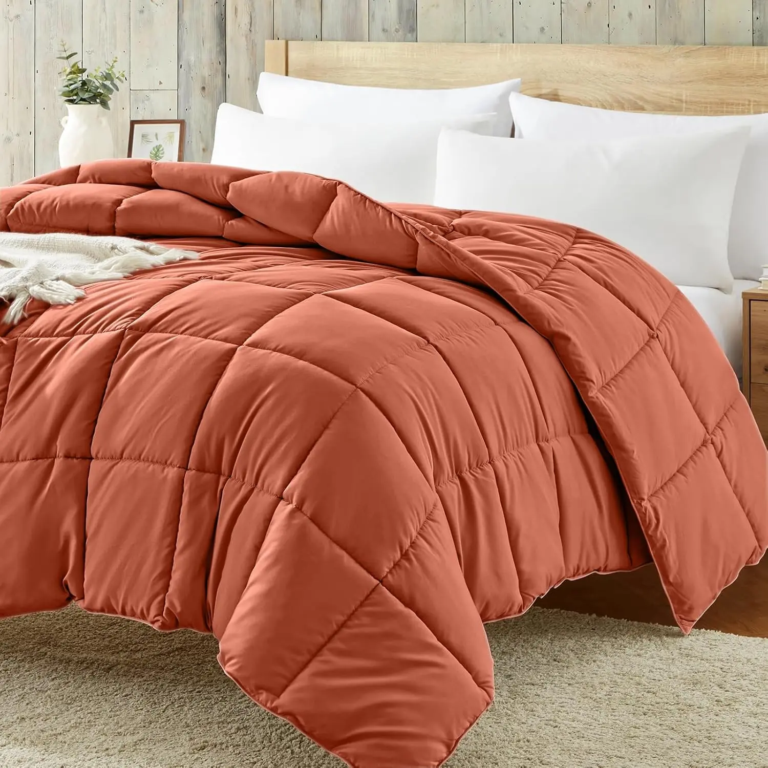 Quilted Solid Queen Size Burnt Orange Duvet Insert - Breathable Down Alternative Lightweight Comforter for Full/Queen Beds