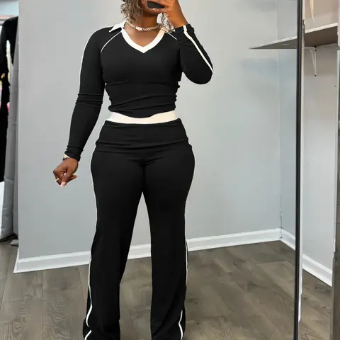 USBOUTIQUE CHIC Women's 2-Piece Sporty Set, White Trim V-Neck Collared Long Sleeve Top + High Waist Flare Leg Pants Casual Loungewear Co-Ord