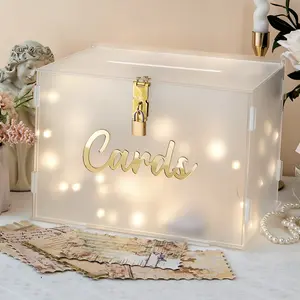 OurWarm Frosted Acrylic Wedding Lock Box, DIY Decor with String Light and Pen for Reception, Envelope Money Holder for Birthday Parties