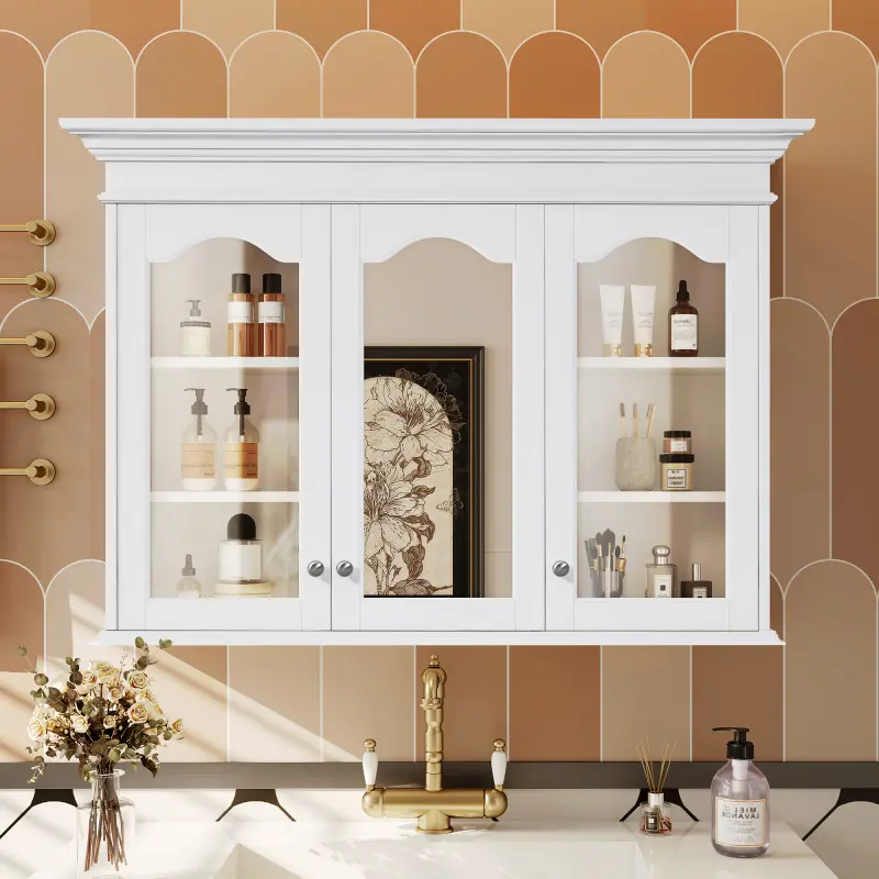 40" Modern Medicine Cabinet with Mirror Door, Wall-Mounted Bathroom Storage Cabinet with Glass Doors and Shelves