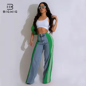 Womens Jeans with Patchwork Stripes High Waisted Stretchy Denim Color Block Straight Wide Leg Trendy Jean Stripes High Waisted Jeans Color Block Floor Length Wide Leg Denim Pants Stretch Baggy Jeans Long Pants