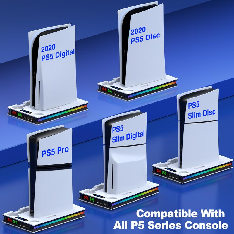 PS5/Pro/Slim Stand and Cooling Station with Controller Charging Station for Playsation 5 Disc Digital Console, PS5 Accessories Incl. 3 Level Cooling Fan, LED, 3 USB Hub, Media Slot, Headset Holder