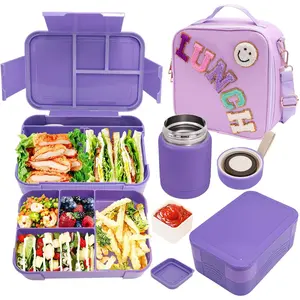 Preppy Lunch Box for Girls with 10oz Thermo, with 6 Compartment Bento Box, Purple Nylon Insulated Lunch Bag Adjustable Strap for Girl  Teens School Travel Picnic