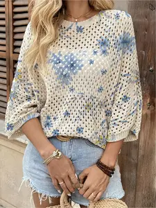 Spring & summer Bohemian Casual knit top, round neck, hollow-out batwing sleeves, loose fit. Contrast blue print, lightweight. Great for daily, commute, vacation & beach bikini cover-up.